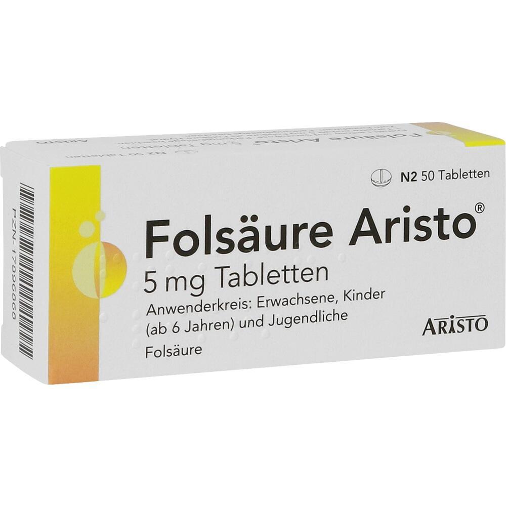 Verpackung von Folsäure-Tabletten mit 5 mg für Erwachsene und Kinder ab 6 Jahren.