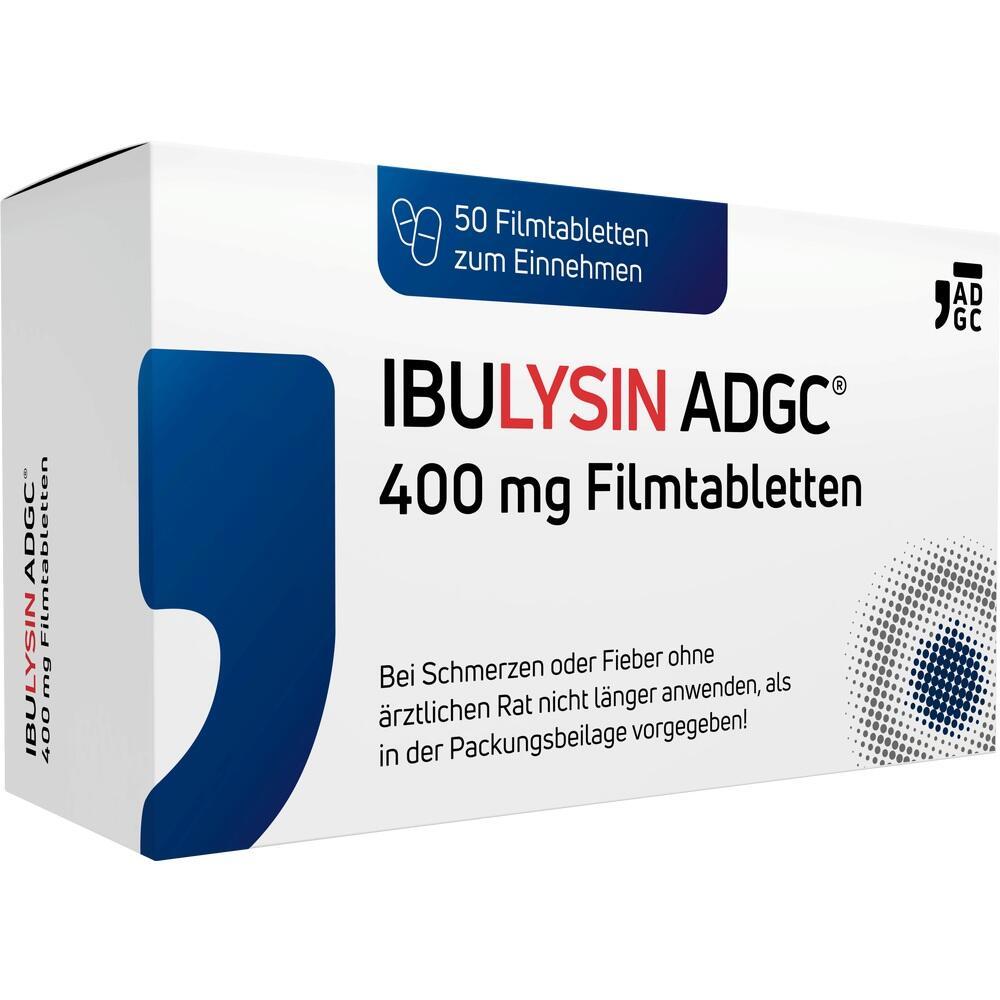 Weiße Medikamentenverpackung mit der Aufschrift "IBULYSIN ADGC 400 mg Filmtabletten".