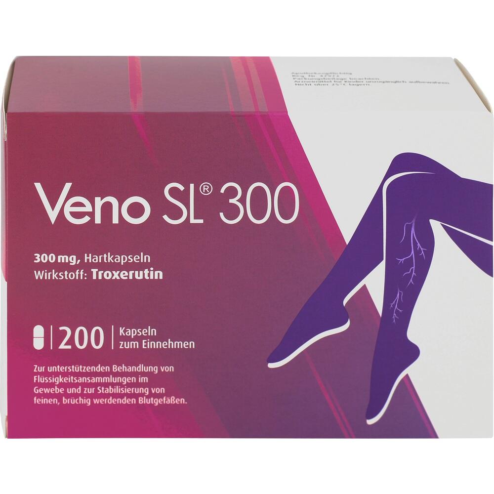 Eine Packung Veno SL 300 Kapseln mit lila Beinen darauf.