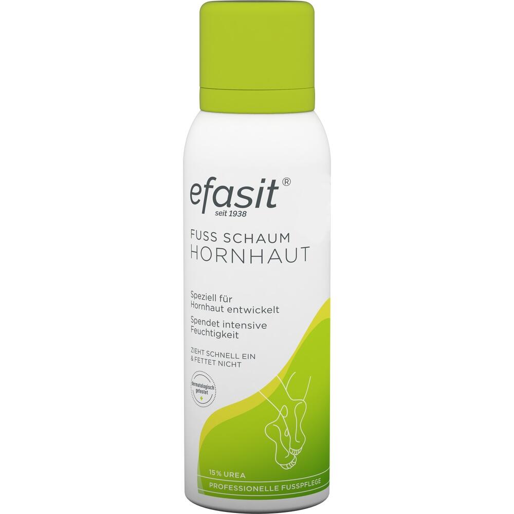 Eine weiße Flasche mit grüner Kappe, darauf steht "Fuss Schaum Hornhaut".