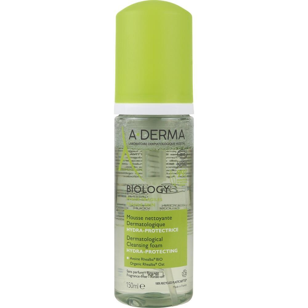 Eine gr&uuml;ne Flasche mit dermatologischem Reinigungsschaum von A-Derma.