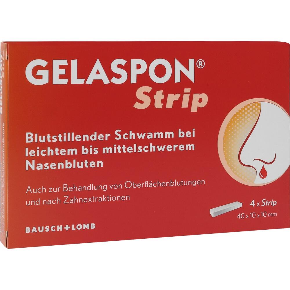 Rote Packung von Gelaspon Strip, einem blutstillenden Schwamm für Nasenbluten.