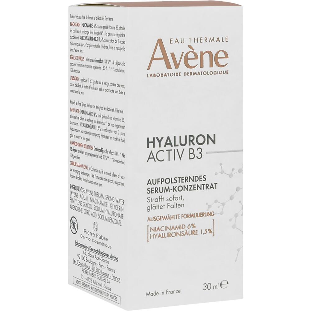 Weiße Packung eines Hyaluron-Serums von Avène mit beschreibendem Text.
