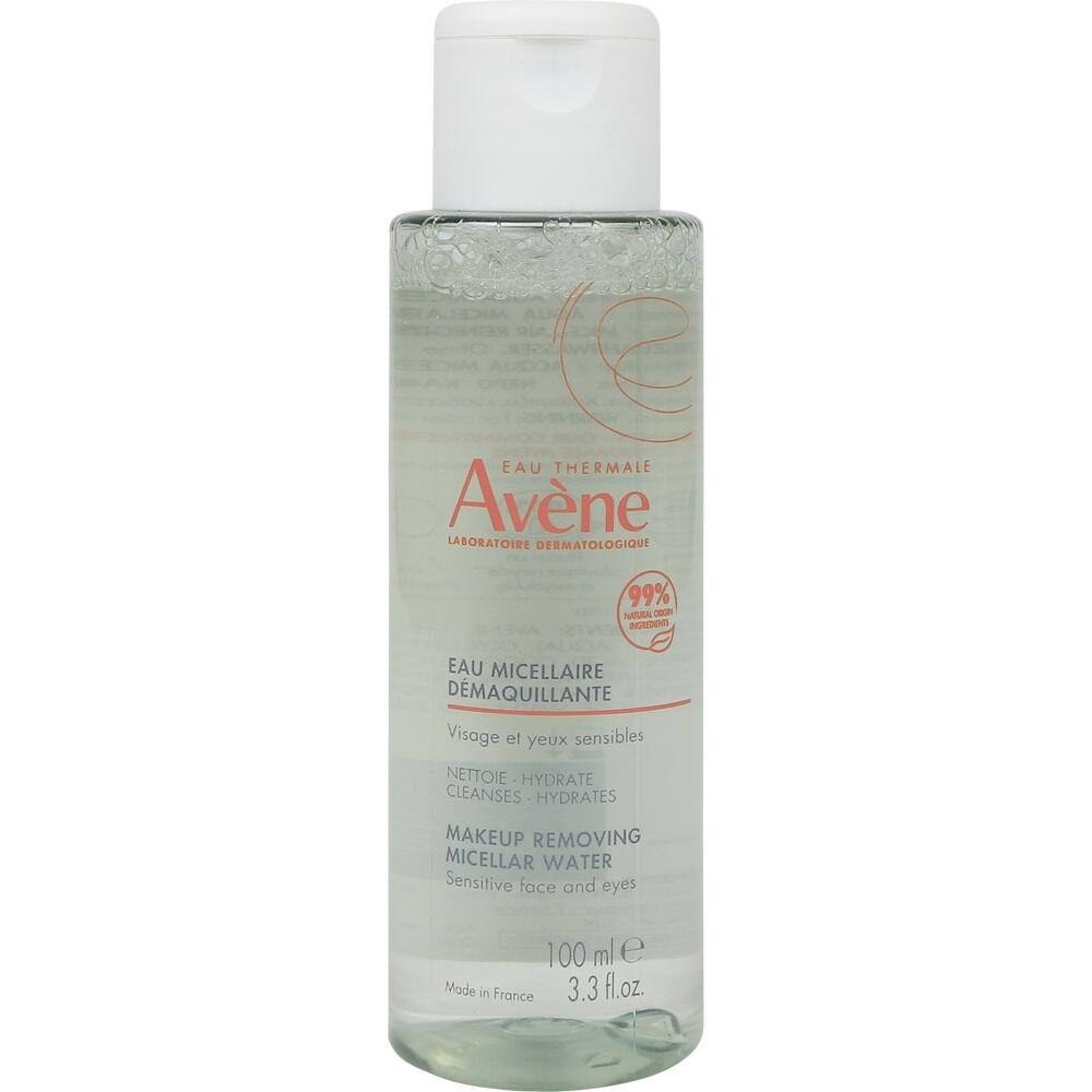 Eine durchsichtige Flasche mit dem Aufdruck "Avène" enthält Mizellenwasser zur Make-up-Entfernung.