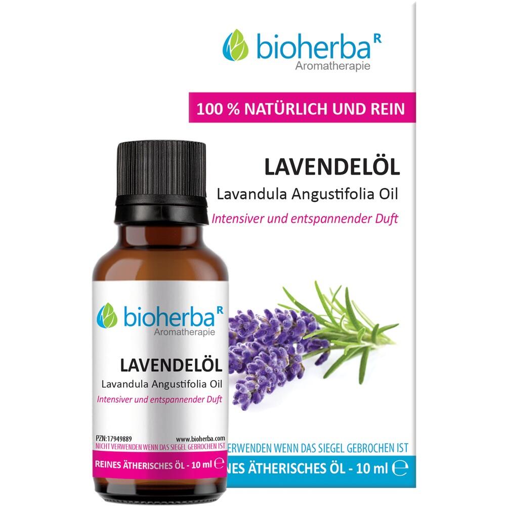 Flasche Lavendelöl von Bioherba mit Bild von Lavendelblüten.