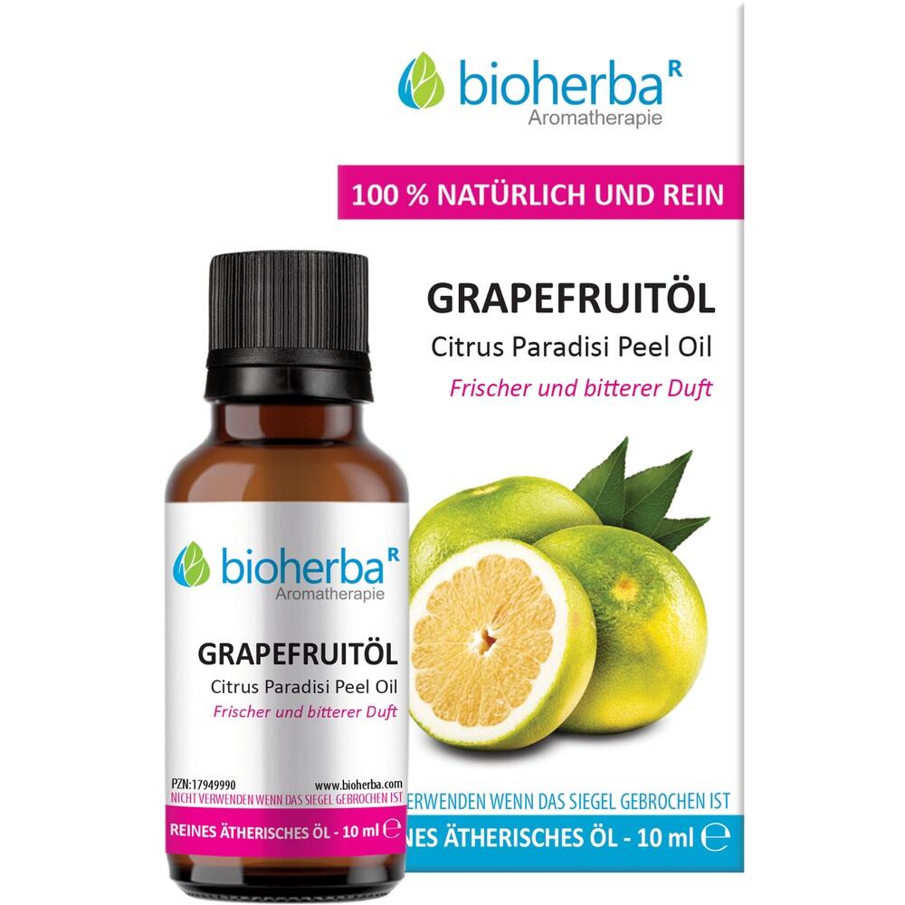 Eine Flasche Grapefruitöl mit Bild von Grapefruits auf der Verpackung.