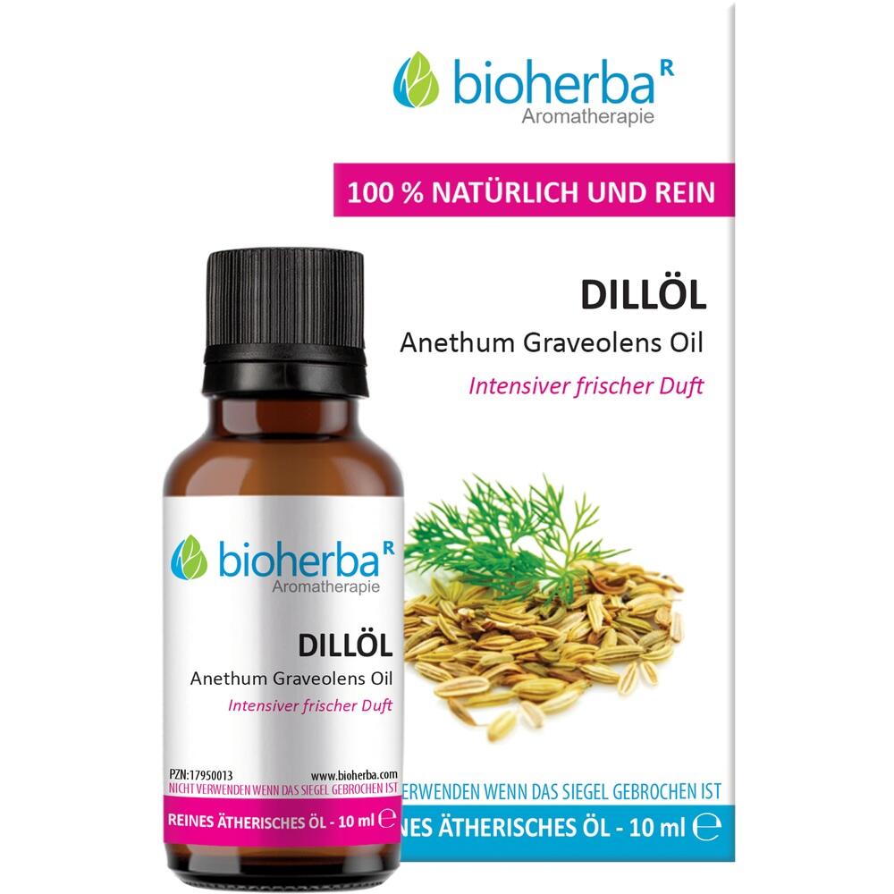 Flasche mit Dillöl, daneben steht "100 % natürlich und rein", und ein Bild von Dill.