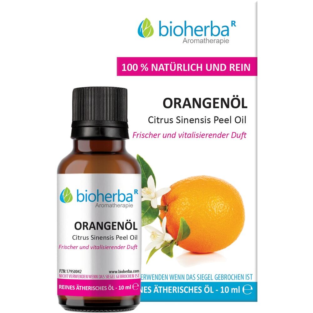 Flasche mit Orangenöl vor einer Orange und Verpackung, 100 % natürlich.