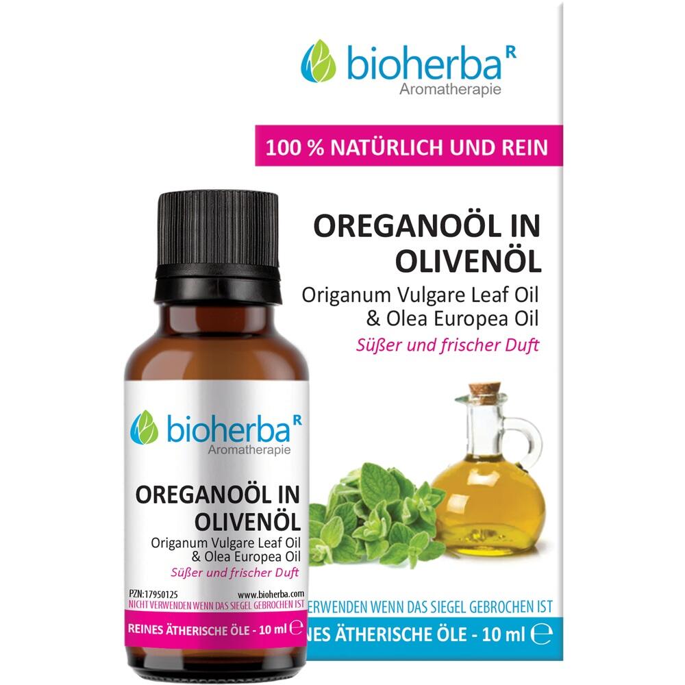 Flasche mit Oreganoöl in Olivenöl vor einer Verpackung.