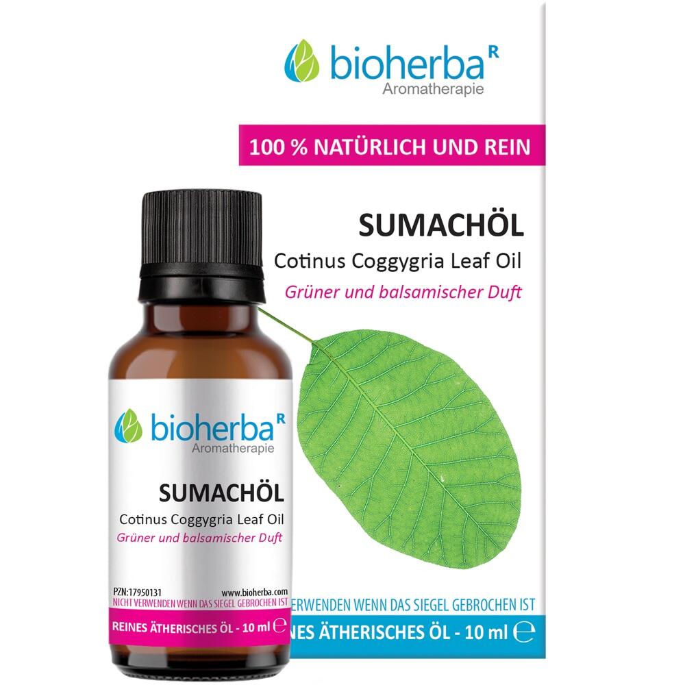 Braune Glasflasche mit Sumachöl, daneben ein grünes Blatt.