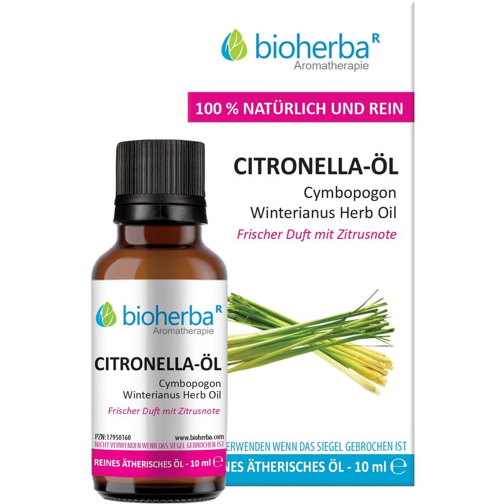 Eine Flasche Citronella-Öl mit grünem Grasbild und Beschreibung.