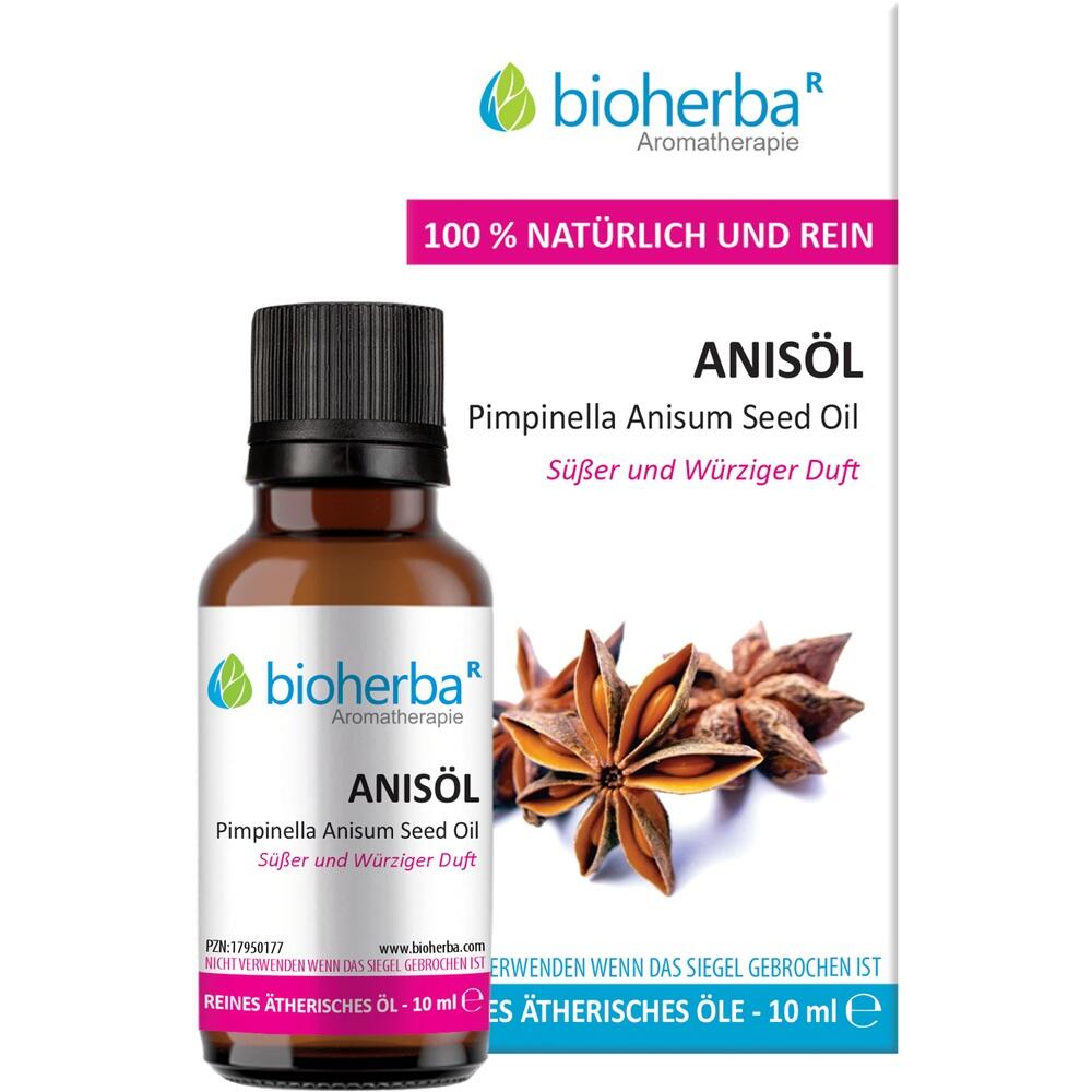 Eine Flasche Anisöl mit Verpackung und Sternanis-Abbildung.
