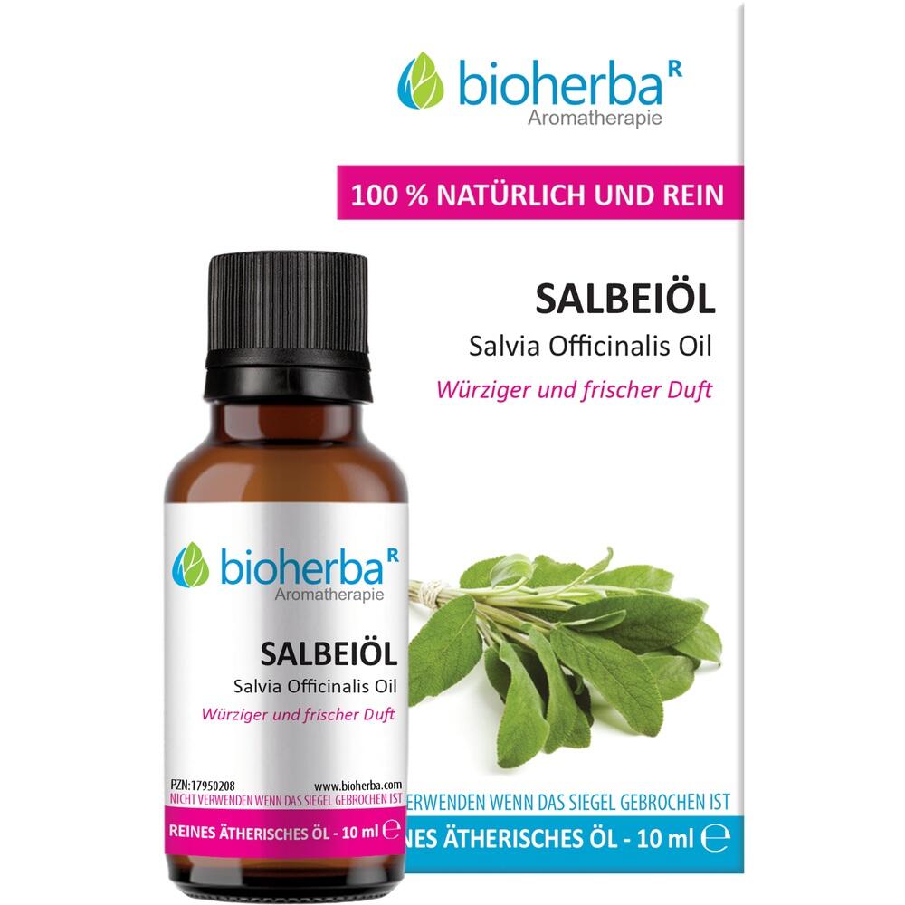 Braunes Fläschchen mit Salbeiöl und Abbildung von grünen Salbeiblättern.