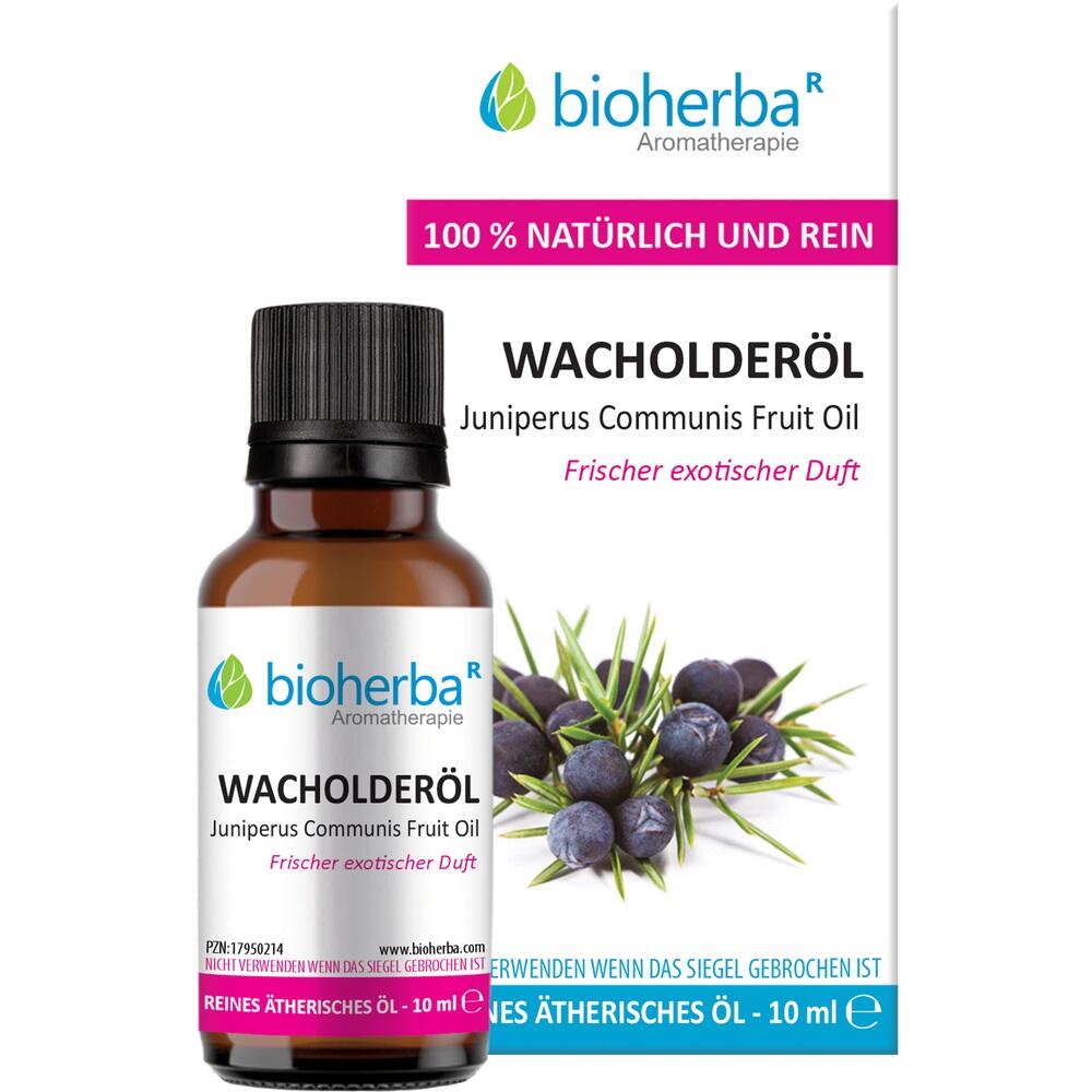Braunes Fläschchen mit Wacholderöl und Bild von Wacholderbeeren.