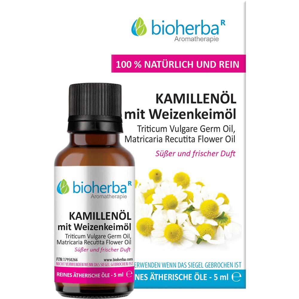 Eine Flasche Kamillenöl von bioherba mit Weizenkeimöl und Bild von Kamillenblüten.