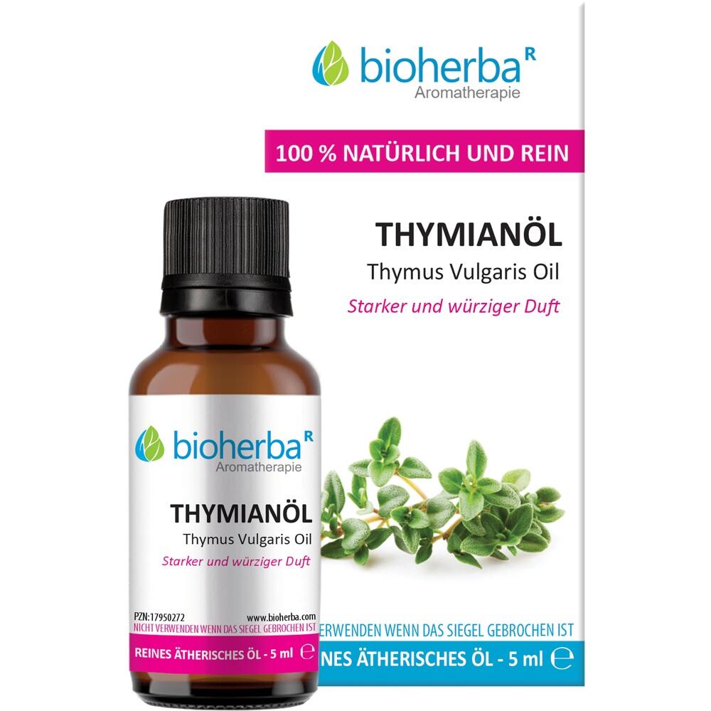 Flasche mit Thymianöl von Bioherba, daneben grüne Thymianblätter.