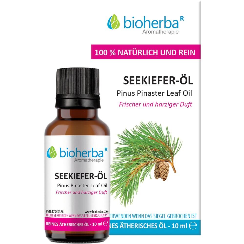 Flasche mit Seekiefer-Öl und einer Abbildung von Kiefernadeln auf einer Produktverpackung.