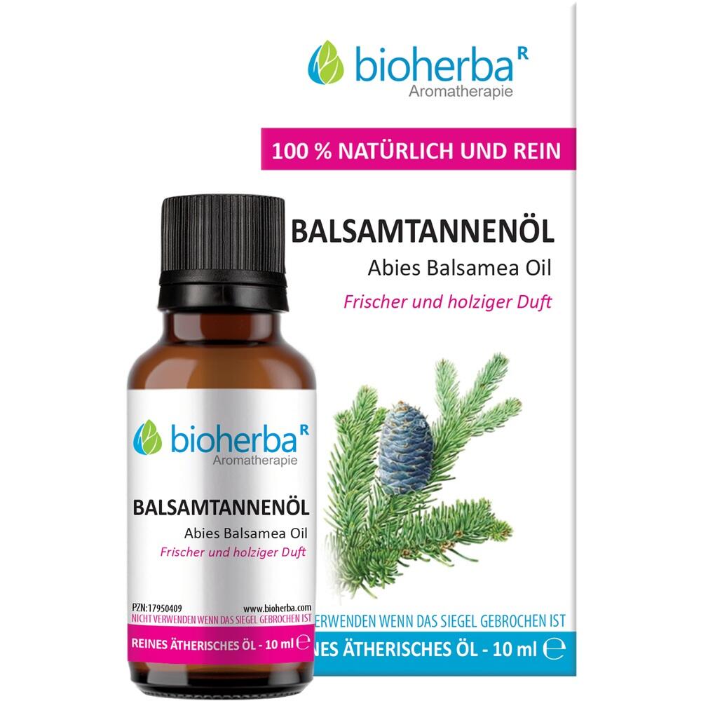 Braunes Fläschchen mit Balsamtannenöl und grünem Tannenzweig auf der Packung.