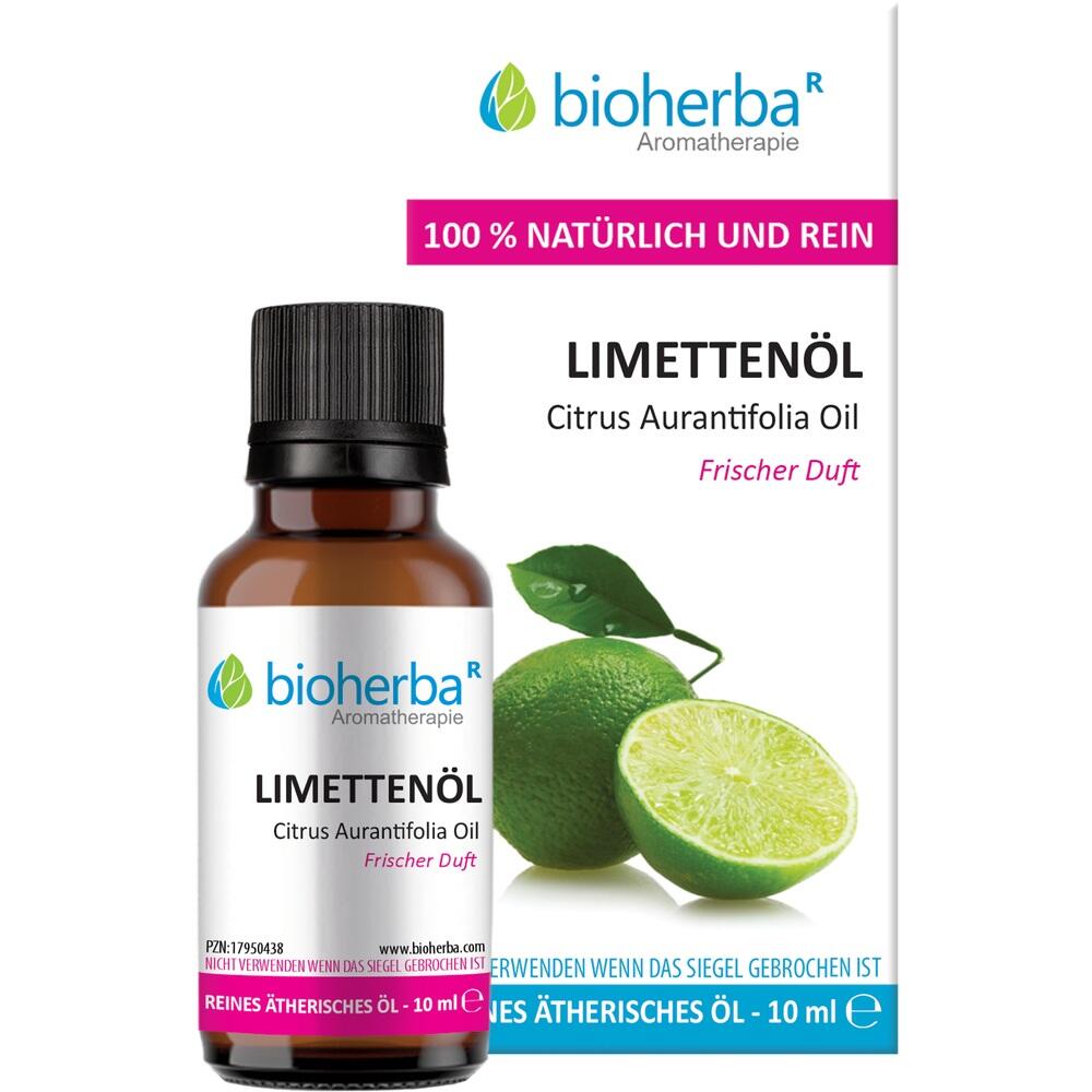 Braunes Fläschchen mit Limettenöl, daneben eine grüne Limette.