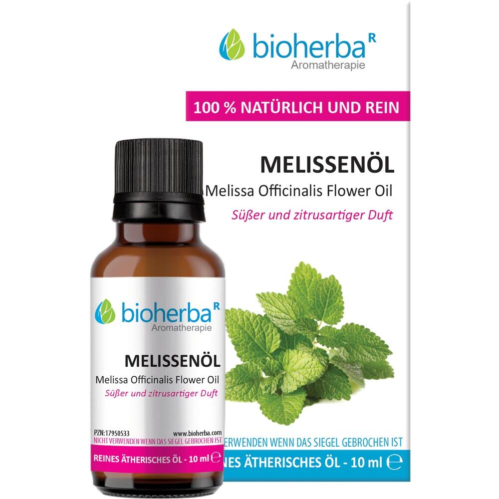 Braunes Fläschchen mit Zitronenmelissenöl und grünem Blattbild.