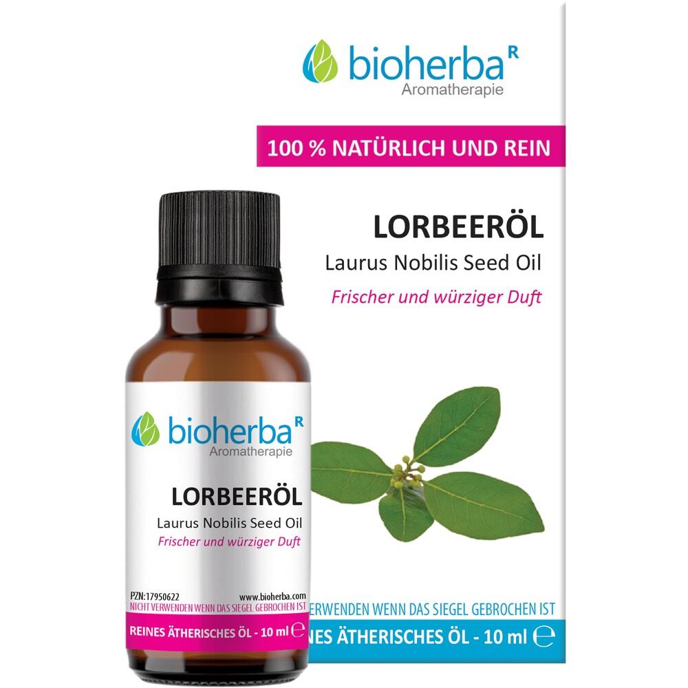 Braunes Fläschchen mit Lorbeeröl und grünem Logo, daneben ist ein grünes Blatt abgebildet.