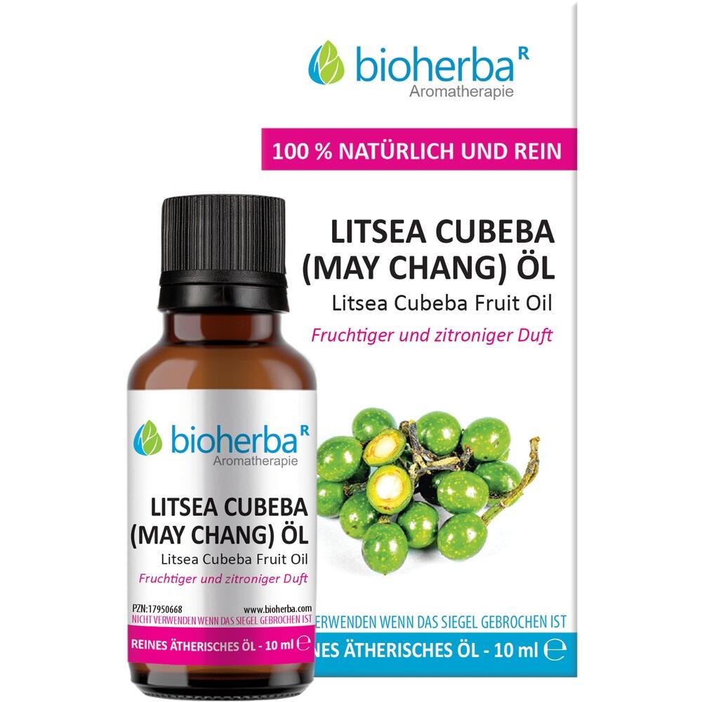 Braunes Fläschchen mit Text "Litsea Cubeba Öl" und Bild von grünen Früchten.