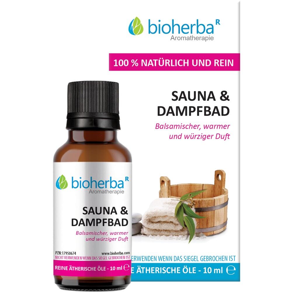 Flasche mit ätherischem Öl für Sauna und Dampfbad, daneben ein Holzeimer mit Handtüchern.
