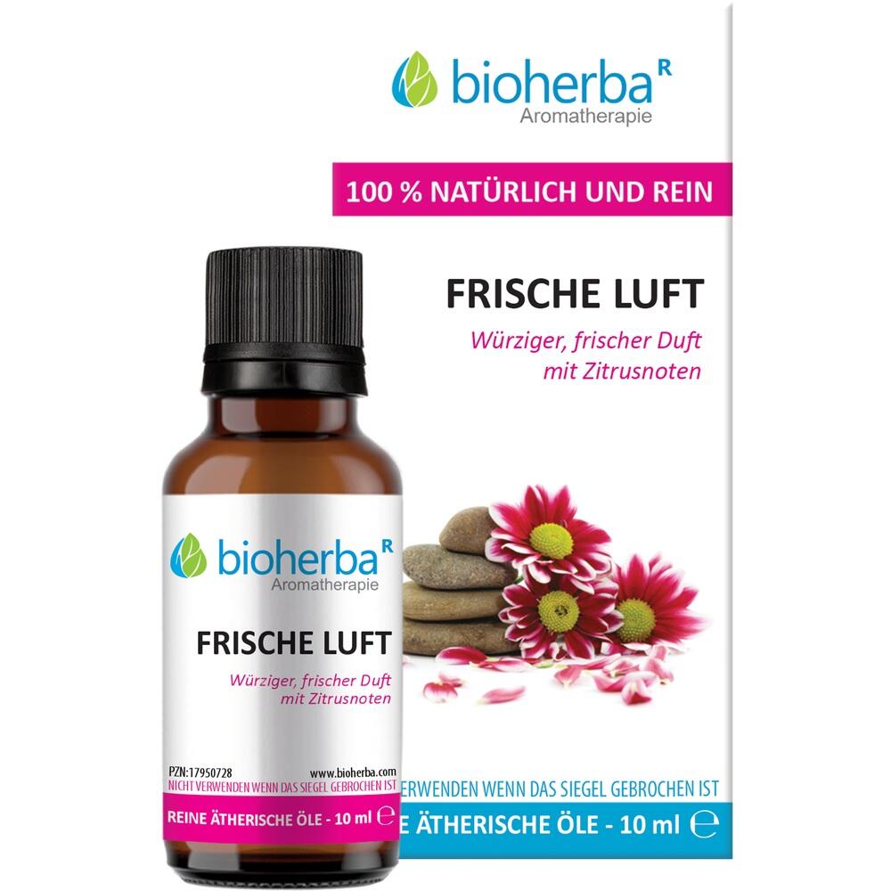 Flasche mit ätherischem Öl und Verpackung mit Blumen und Text "Frische Luft".
