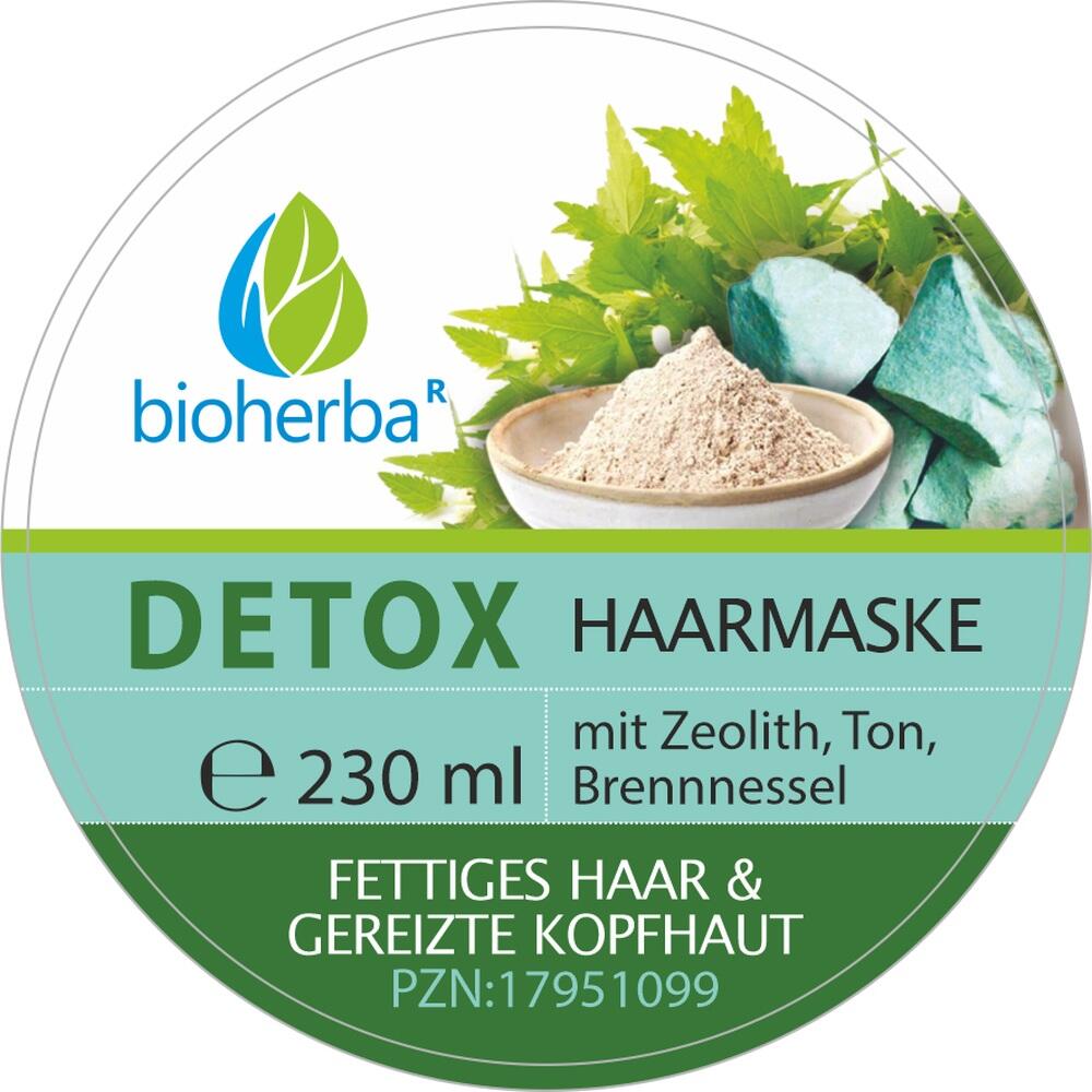 Etikett einer Detox-Haarmaske mit natürlichen Inhaltsstoffen.
