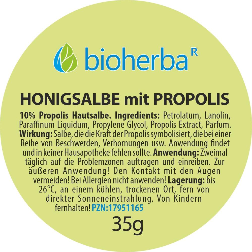 Runde Verpackung einer Honigsalbe mit Propolis zur äußeren Anwendung, 35g.