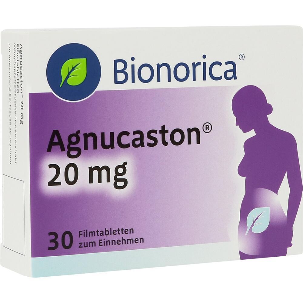 Verpackung von Agnucaston-Tabletten mit einer Frauen-Silhouette auf lila Hintergrund.