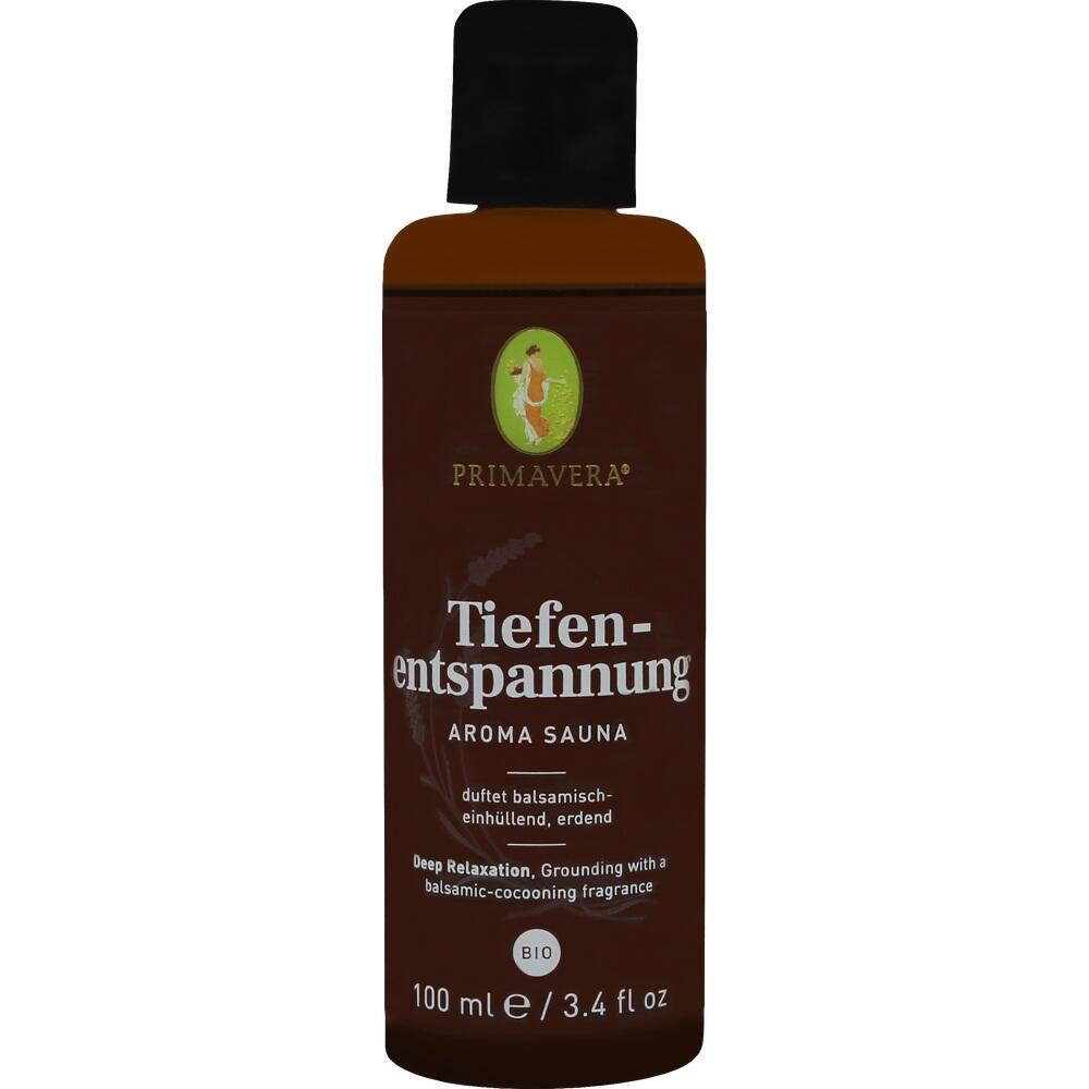Braune Flasche mit "Tiefenentspannung" Aroma f&uuml;r die Sauna, 100 ml, von Primavera.