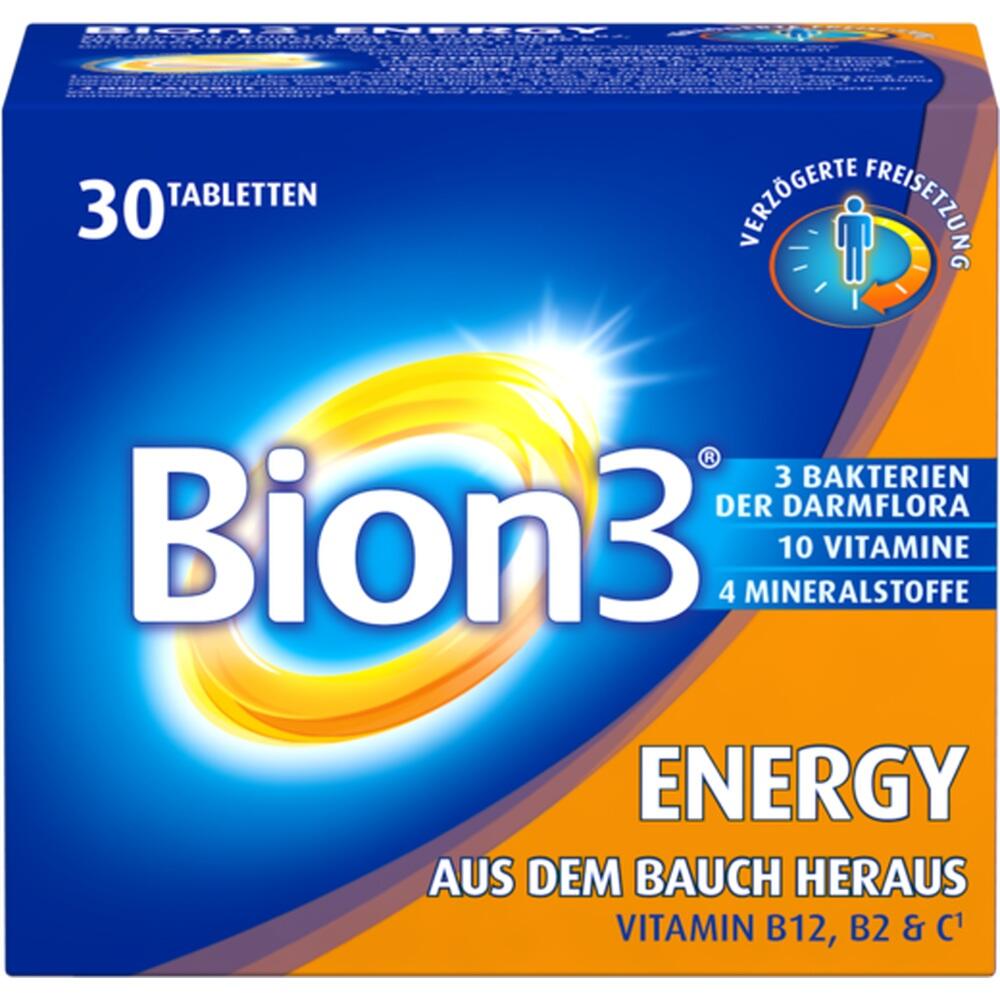 Blau-orange Verpackung von Bion3 Energy mit 30 Tabletten für Energie und Darmgesundheit.