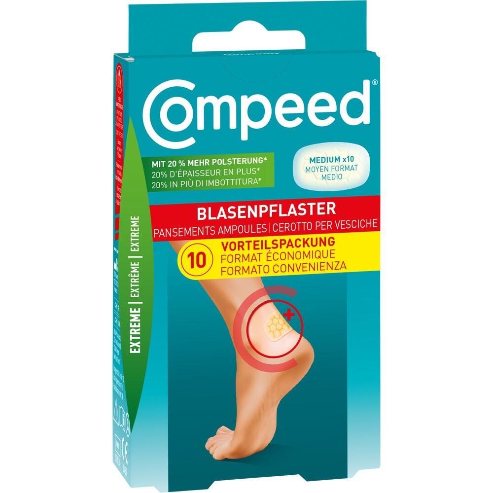 Verpackung von Compeed Blasenpflastern mit Bild eines Fußes und Text in mehreren Sprachen.