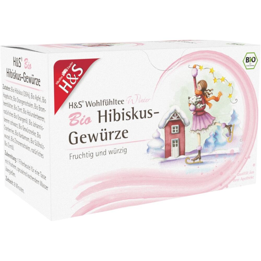 Eine Packung H&S Bio-Hibiskus-Gewürze-Tee mit winterlichem Design.