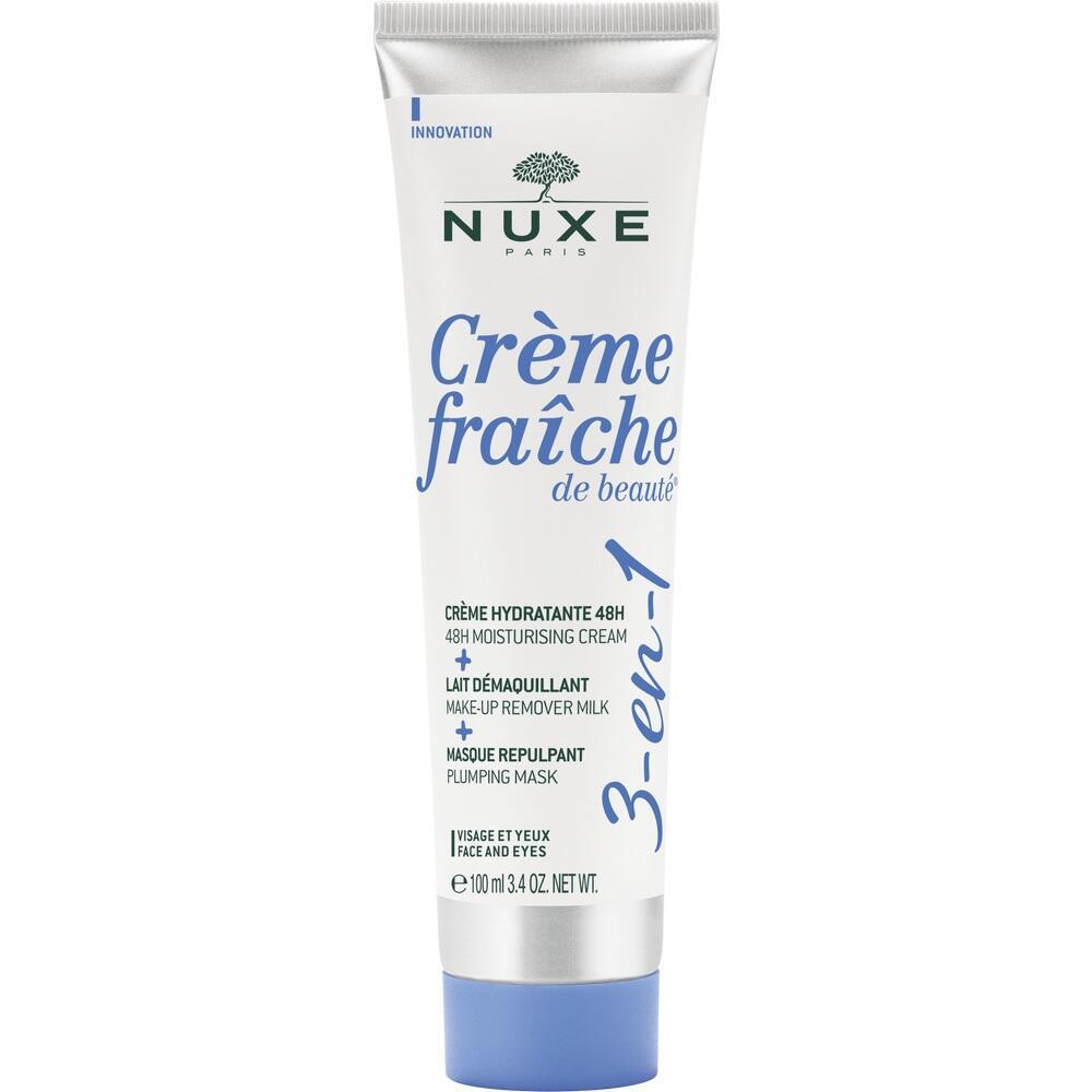 Weiße Tube mit blauer Aufschrift für eine 3-in-1 Feuchtigkeitscreme von Nuxe.
