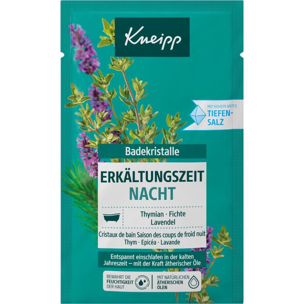 Paket mit Badekristallen der Marke Kneipp für Erkältungszeit mit Thymian, Fichte und Lavendel.