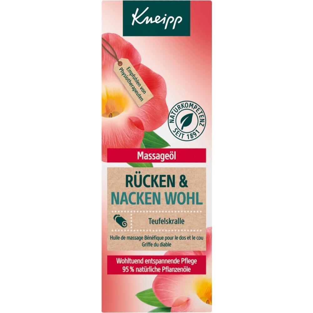 Eine Verpackung für Massageöl mit Blume und Text über Rücken- und Nackenwohl.