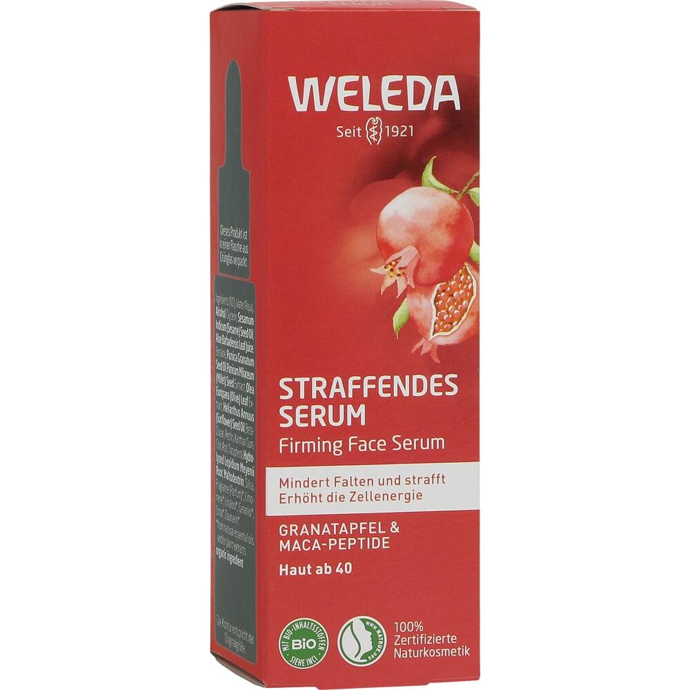 Rote Verpackung von straffendem Gesichtsserum mit Granatapfelmotiv.