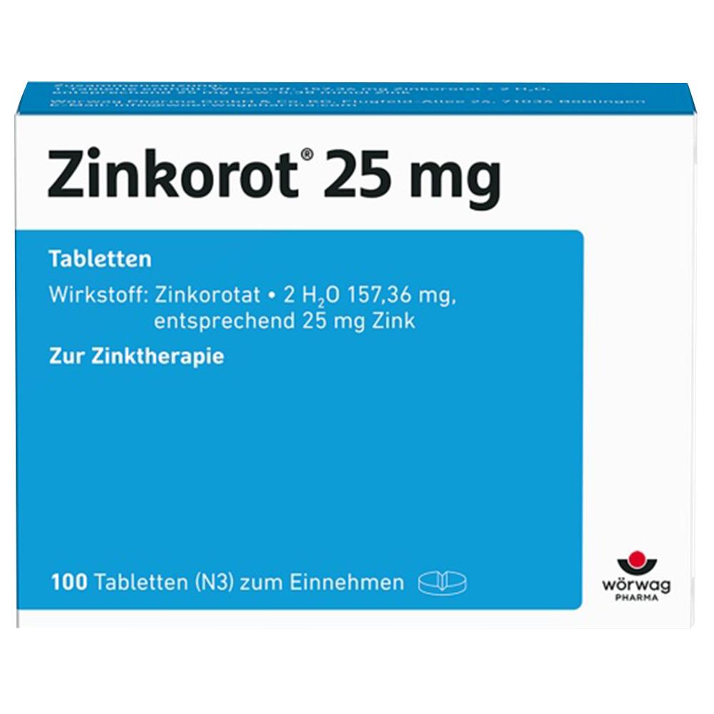 Blaue Medikamentenverpackung mit der Aufschrift "Zinkorot 25 mg" für Zinktherapie.