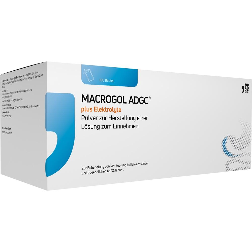 Wei&szlig;e Verpackung von Macrogol ADGC Pulver zur Behandlung von Verstopfung.