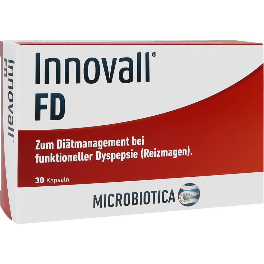 Wei&szlig;e und rote Verpackung von Innovall FD f&uuml;r Reizmagen mit 30 Kapseln.
