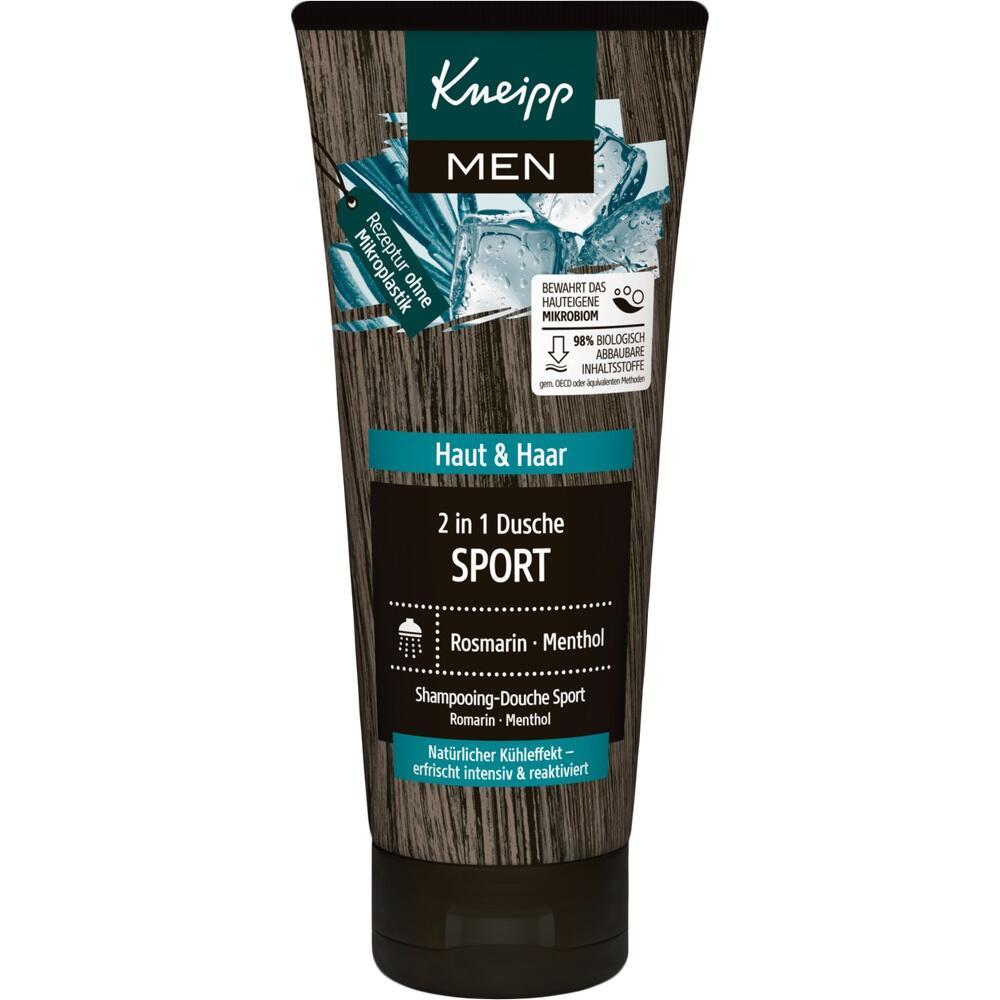 Die Tube zeigt ein 2-in-1 Duschgel für Männer mit Rosmarin und Menthol.