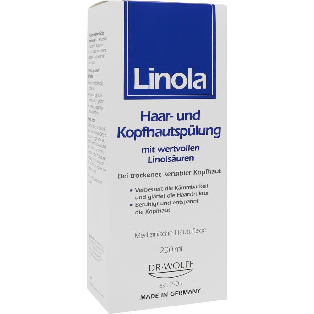 Eine Packung Haar- und Kopfhautspülung von Linola, 200 ml, für trockene Kopfhaut.
