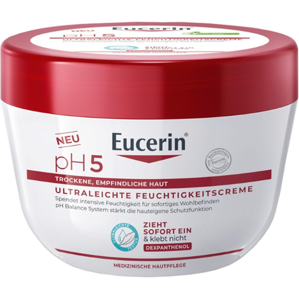 Roter Deckel und weiße Eucerin-Creme-Dose für trockene, empfindliche Haut.