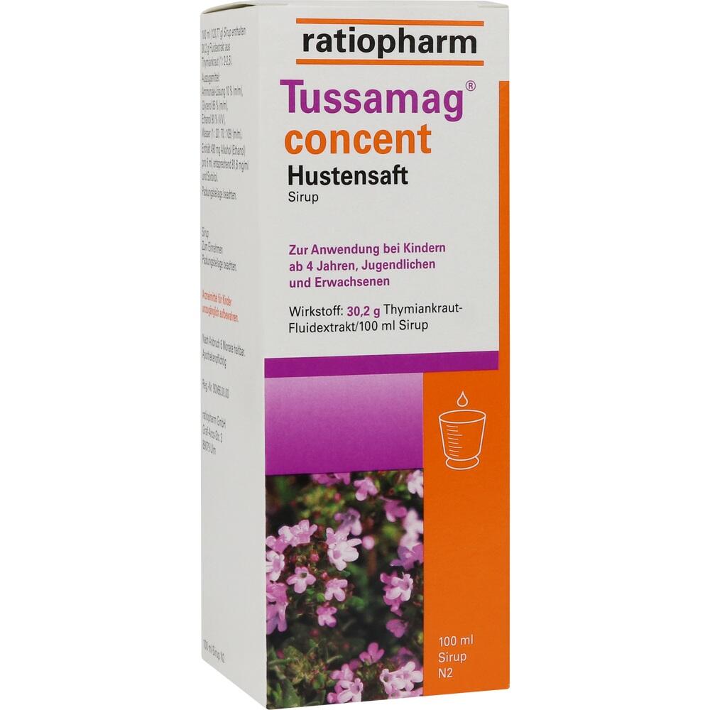 Weiße Packung mit orangem und violettem Text: Ratiopharm Tussamag Hustensaft.
