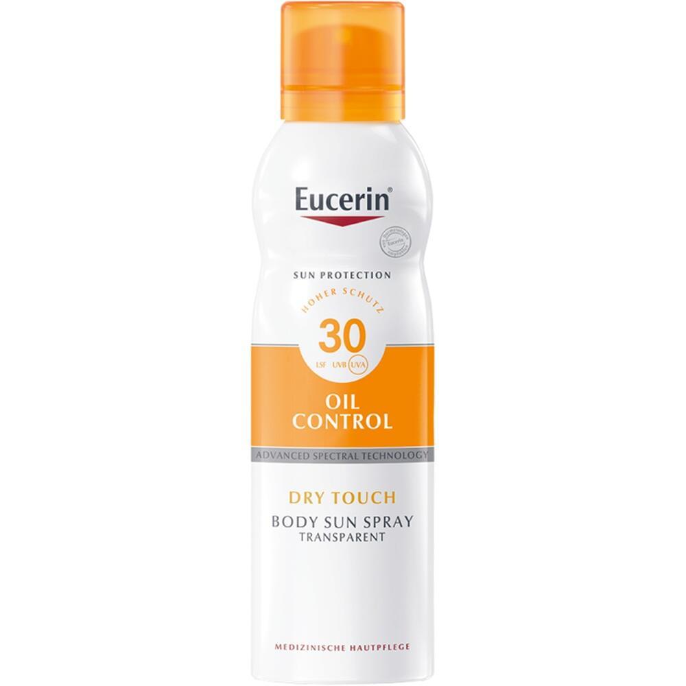 Weiße Flasche mit orangenen Details und der Aufschrift "Eucerin Sun Spray LSF 30".