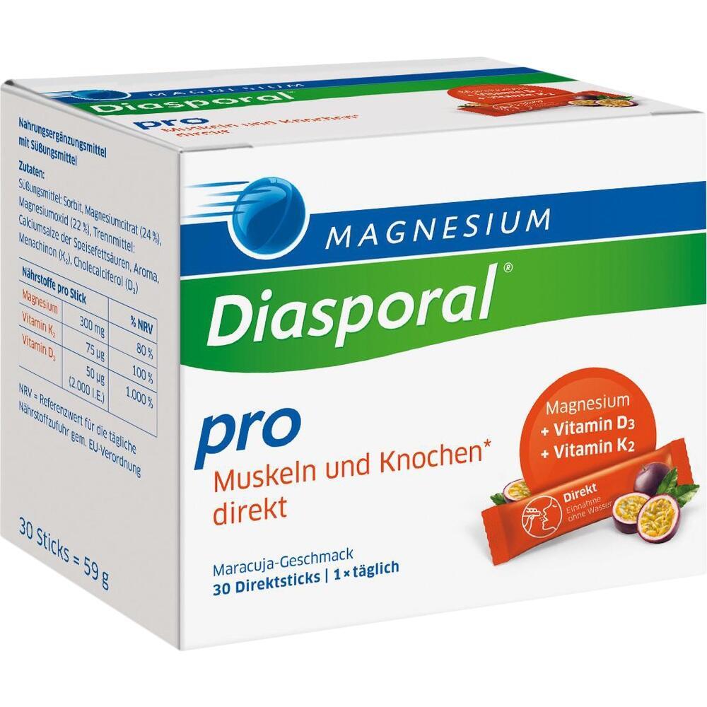 Eine Packung Diasporal Magnesium-Sticks für Muskeln und Knochen in Maracuja-Geschmack.