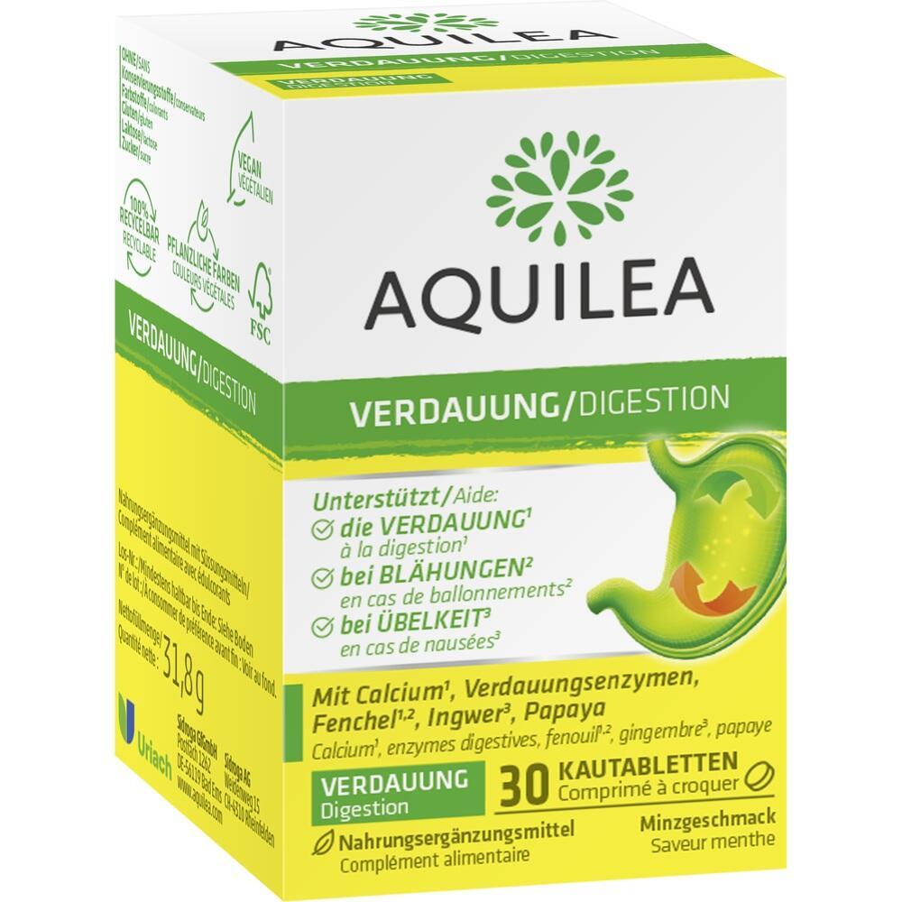 Verpackung von Aquilea Verdauungstabletten mit Informationen zur Unterstützung der Verdauung.