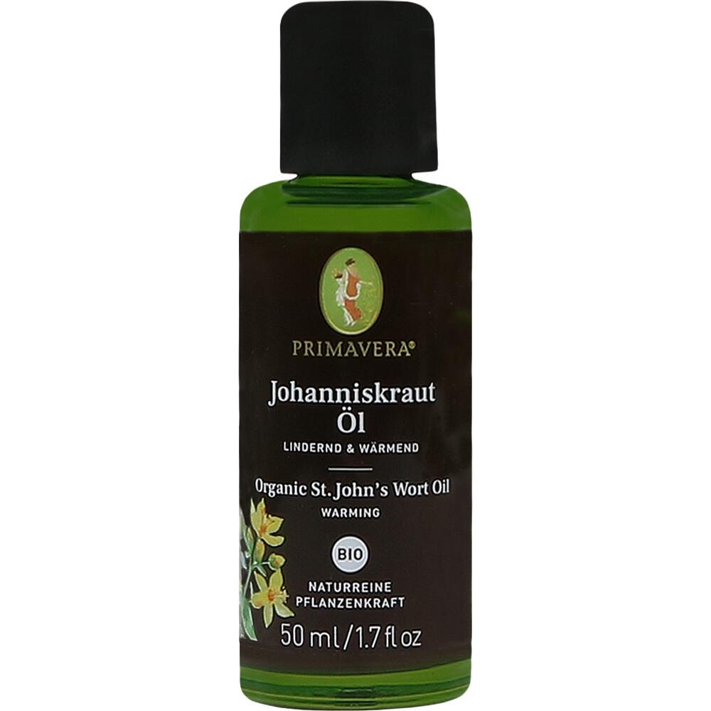 Gr&uuml;ne Flasche mit Johanniskraut&ouml;l der Marke Primavera, 50 ml.